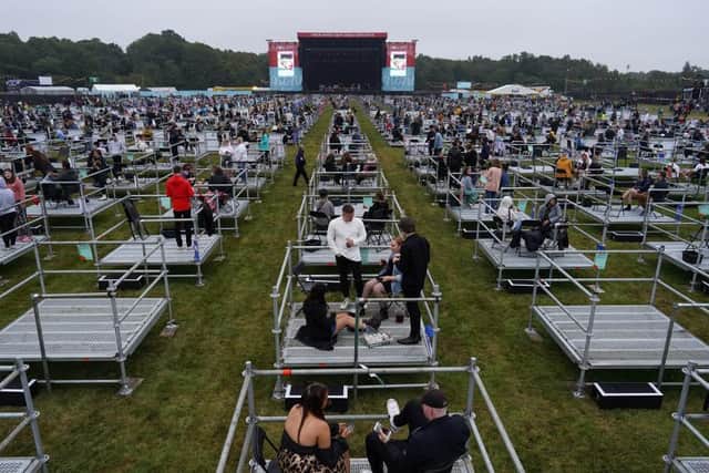 Fans wait in socially distanced enclosures to see Sam Fender as he performs at the Virgin Money Unity Arena on August 13, 2020 in Newcastle upon Tyne