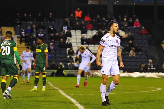 Jordan Williams scoring against Notts County, one of his 13 goals for Fylde last season  Picture: STEVE MCLELLAN