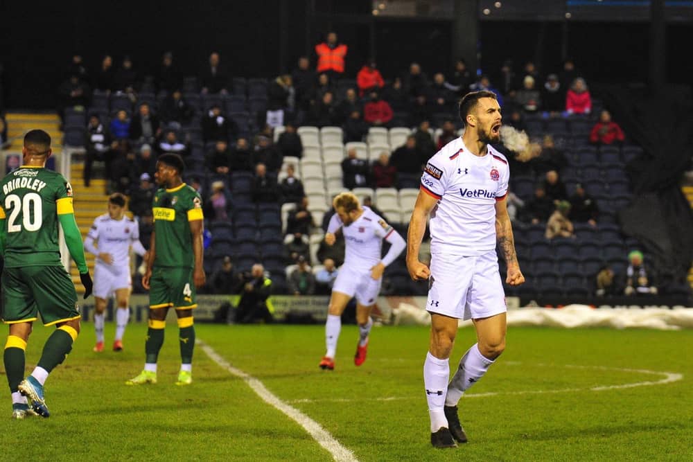 Jordan Williams scoring against Notts County, one of his 13 goals for Fylde last season  Picture: STEVE MCLELLAN