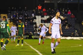 Jordan Williams scoring against Notts County, one of his 13 goals for Fylde last season  Picture: STEVE MCLELLAN