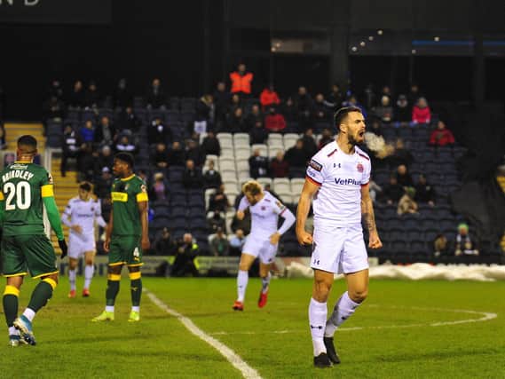 Jordan Williams scoring against Notts County, one of his 13 goals for Fylde last season Picture: STEVE MCLELLAN