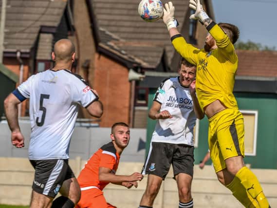 New signing Corey Harrison in goalmouth action for AFC Blackpool against Bamber Bridge  Picture: ADAM GEE