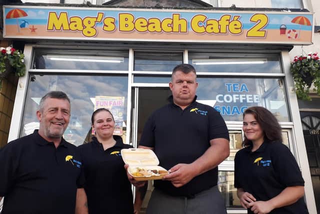 From left, George Reilly, Sylvia Parkes, Ryan Smith and Rebecca Parkes during the soup kitchen at Mag's Beach Cafe 2 on Lytham Road.
