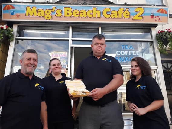 From left, George Reilly, Sylvia Parkes, Ryan Smith and Rebecca Parkes during the soup kitchen at Mag's Beach Cafe 2 on Lytham Road.