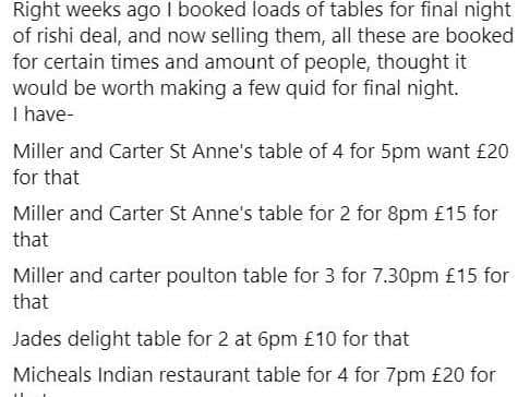 The viral social media post offering to sell table reservations at restaurants on the Fylde Coast is believed to be a hoax