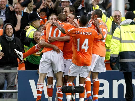 Blackpool celebrate Luke Varney's stunning strike against Fulham