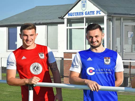 Ryan Riley (right) displays Squires Gate's new home strip and Dean Ing the away kit ahead of the club's televised FA Cup tie   Picture: ALBERT COOPER