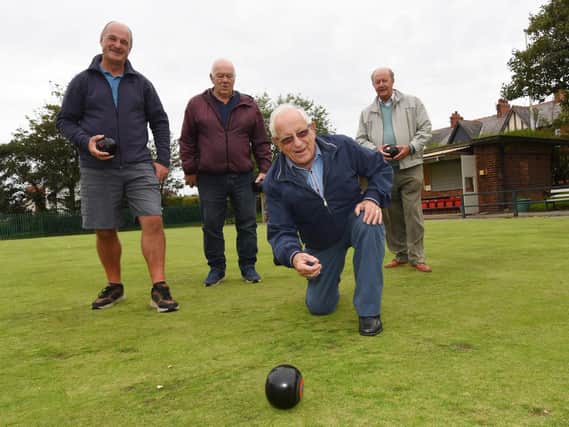 Neville Preston (bowling) with friends and fellow members (from left) Dave Ramsden, Barry Harvey-Orme  and Martin Brennan at Claremont Park.