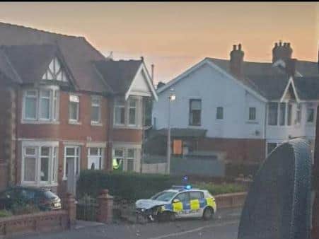 Police car crashes into garden wall in Blackpool