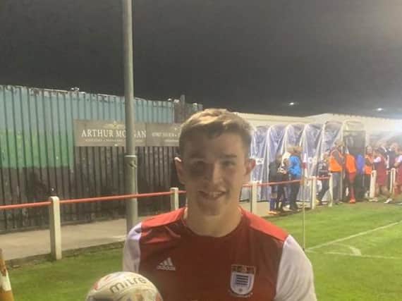 Squires Gate's Dean Ing with the match ball after his FA Cup hat-trick
Picture: SQUIRES GATE FC