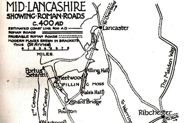 Historian William Ashton's 1920 map illustrating Roman roads in mid-Lancashire around 400AD showing possible location of Portus Setantiorum or Portus Setantii