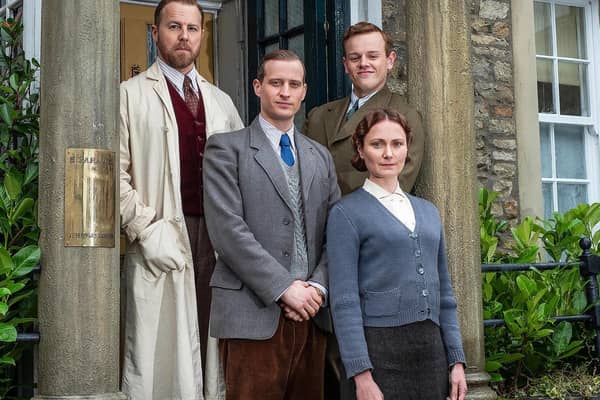 The stars of Channel 5's new version of All Creatures Great and Small. Clockwise from top left: Siegfried Farnon (Samuel West); Tristan Farnon (Callum Woodhouse); Mrs Hall (Anna Madeley) James Herriot (Nicholas Ralph)