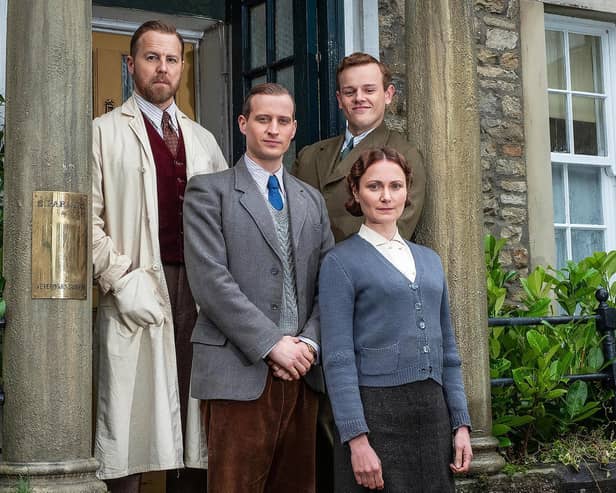 The stars of Channel 5's new version of All Creatures Great and Small. Clockwise from top left: Siegfried Farnon (Samuel West); Tristan Farnon (Callum Woodhouse); Mrs Hall (Anna Madeley) James Herriot (Nicholas Ralph)