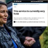Home Secretary Priti Patel, who said it would be 'wrong to say' there are no Covid-19 tests available and, inset, the Government's website this morning saying there are no Covid-19 tests currently available 
(Picture: Charlotte Graham/Daily Telegraph/CAG Photography Ltd)