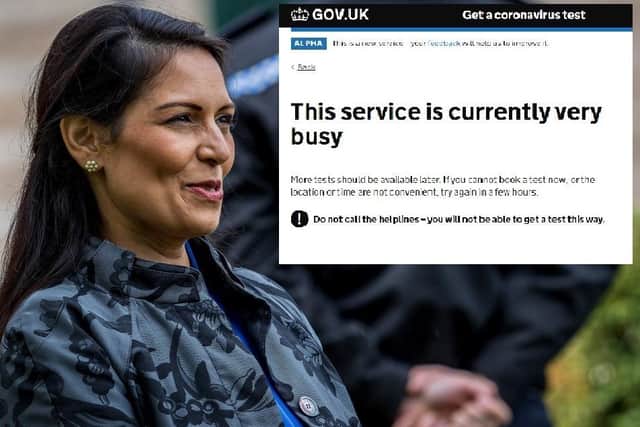Home Secretary Priti Patel, who said it would be 'wrong to say' there are no Covid-19 tests available and, inset, the Government's website this morning saying there are no Covid-19 tests currently available
(Picture: Charlotte Graham/Daily Telegraph/CAG Photography Ltd)