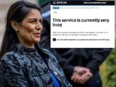 Home Secretary Priti Patel, who said it would be 'wrong to say' there are no Covid-19 tests available and, inset, the Government's website this morning saying there are no Covid-19 tests currently available 
(Picture: Charlotte Graham/Daily Telegraph/CAG Photography Ltd)