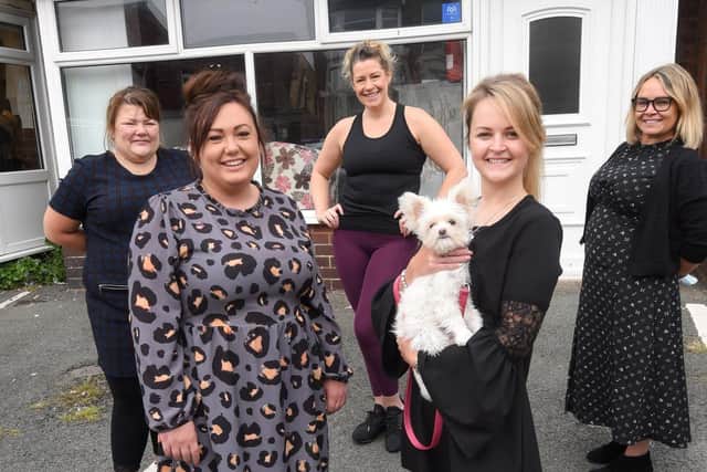 L-R: Sadie Brumwell, who suffered with a brain tumour several years ago, joins Charlotte Langford, hairdresser at Scarlett Jessica's Beauty Lounge, Zoe Hunt, Tarryn Reeves, owner of Scarlett Jessica's and Lisa Holland, owner of Bliss Perfect salon to celebrate the foundation of the Fylde Opportunities Trust.