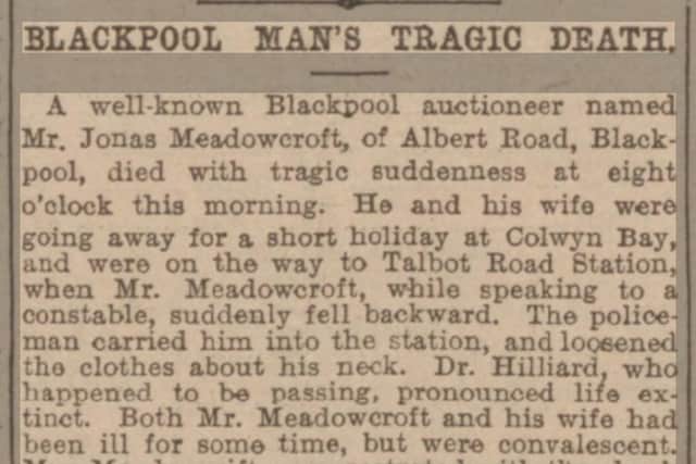 A photo of a newspaper cutting featuring an article in the Mancester Evening News on June 5 1907, which reports the death of Jonas Meadowcroft