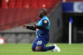 Adebayo Akinfenwa celebrates Wycombe's play-off triumph last season