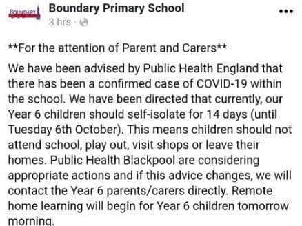 Boundary Primary School posted this message on Facebook yesterday (Thursday, September 24), confirming the case of coronavirus at the school