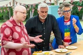 Matt Lucas (left) with judges Prue Leith and Paul Hollywood in Bake-Off