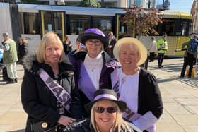 Susn Dutton (left), Mary Waterhouse (right) and Norma Elkington (front) with one of their fellow WASPI campaigners (centre)