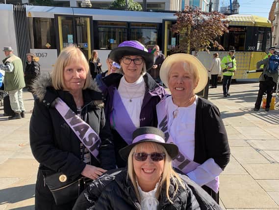 Susn Dutton (left), Mary Waterhouse (right) and Norma Elkington (front) with one of their fellow WASPI campaigners (centre)