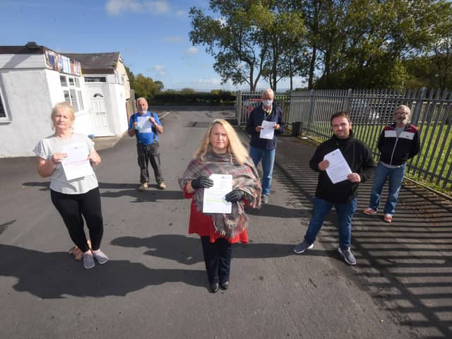 Janine Berry, Tony Hall, Terry Williams, Leanne Murray, Joe Berry and Anthony Taylor have all been issued with a PCN for stopping in the lay-by on Park Lane in Preesall, outside Sloanes Self Storage. They have vowed to put a stop to the parking charges. Photo: Daniel Martino - JPI Media