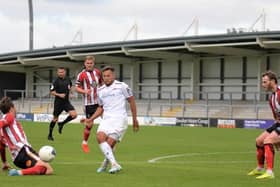 Goalscorer Kurt Willoughby in action for AFC Fylde against Altrincham