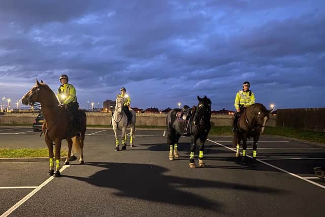 Officers on police horsesWiswell, Croston, Finnigan and Elswick went on high-visibility patrol this week in Cleveleys to monitor reports of anti-social behaviour from groups of 15-20 youths near the cinema, skate park and prom.