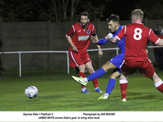 James Boyd equalises for Squires Gate against Padiham Picture: IAN MOORE