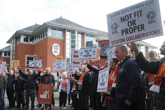 Blackpool fans protesting outside the EFL's Preston headquarters back in 2018