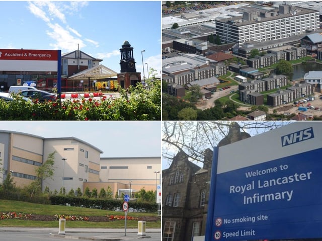 From top left: Blackpool Victoria Hospital, Royal Preston Hospital, Royal Blackburn Hospital, and the Royal Lancaster Infirmary