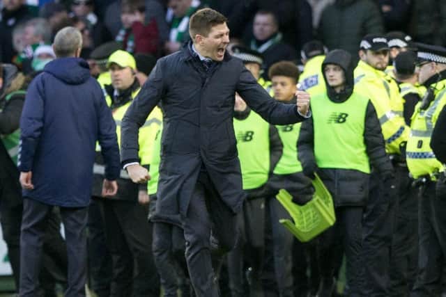Rangers manager Steven Gerrard celebrates victory at final whistle during the Ladbrokes Scottish Premiership match at Celtic Park on Sunday December 29, 2019. Credit: Jeff Holmes/PA Wire