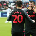 Tom Edwards (right) celebrates with Scott Hogan playing for Stoke City last seson.