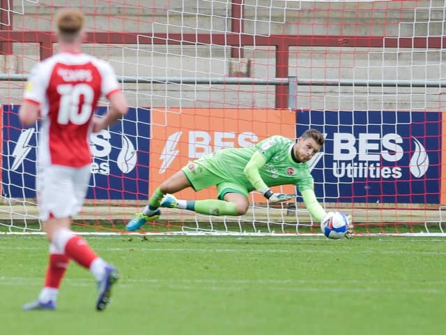 Fleetwood Town goalkeeper Jayson Leutwiler makes a save from Harry Anderson    Picture: Matt Wilkinson/PRiME Media Images Limited