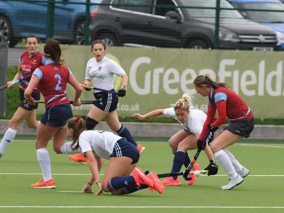 Only friendly action was possible at Fylde Hockey Club but the players certainly took it seriously