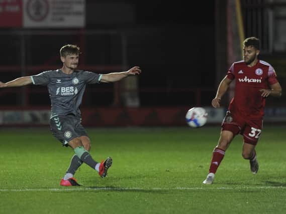 Callum Connolly has a shot on his second Fleetwood Town debut at Accrington Stanley on Tuesday