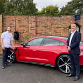 Lancashire’s first Porsche Destination electric charging point unveiled (Left to Right) Mark Birchall, Chef Patron of Moor Hall Restaurant with Rooms and Tom Fox, centre principal of Porsche Centre Preston
