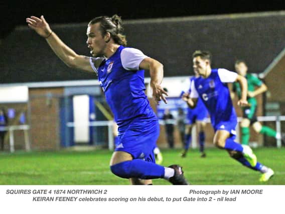 Kieran Feeney scores on his Squires Gate debut Picture: IAN MOORE