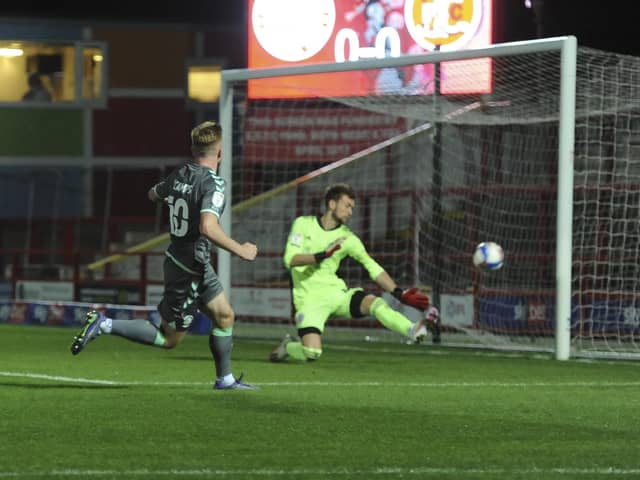 Fleetwood's Callum Camps is thwarted by Accrington keeper Toby Savin