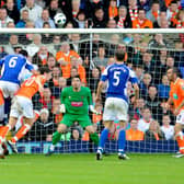 Liam Ridgewell heads in the opening goal during Blackpool's defeat at Birmingham City