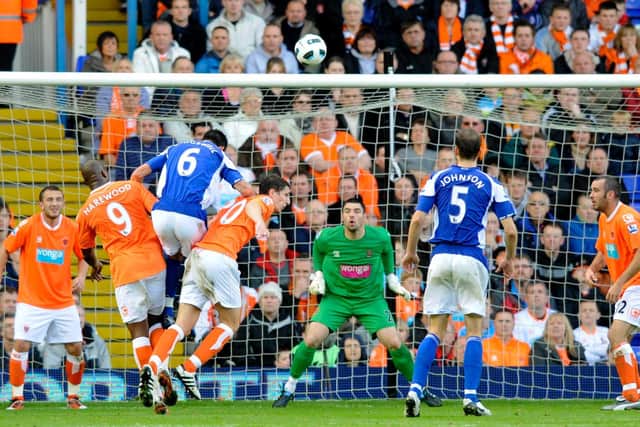 Liam Ridgewell heads in the opening goal during Blackpool's defeat at Birmingham City