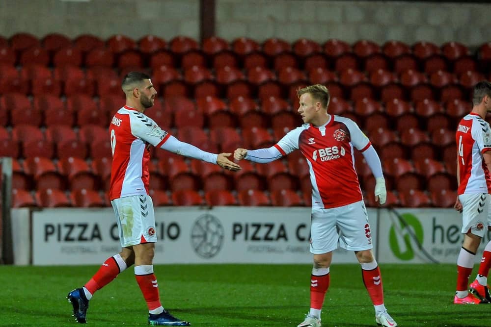 Mark Duffy (right) congratulates Ched Evans on his winning goal against Shrewsbury