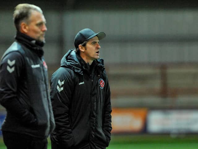 Joey Barton keeps a close eye on his Fleetwood side against Shrewsbury on Tuesday