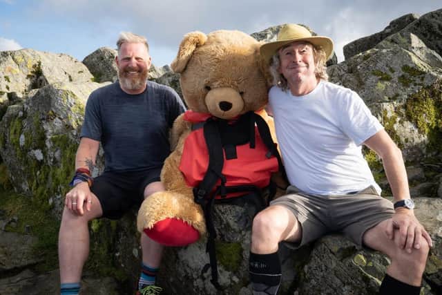 Carleton fundraising champion Paul Howlett is set to walk the same height and distance as Snowdon, Ben Nevis and Scafell Pike next week, up and down Devonshire Road in Bispham. He is pictured with comedian Steve Coogan, who supported his plans when he bumped into him while climbing Great Gable.