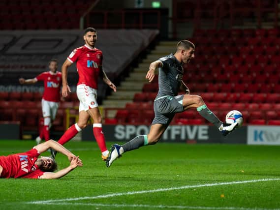Fleetwood striker Ched Evans scores his second at Charlton