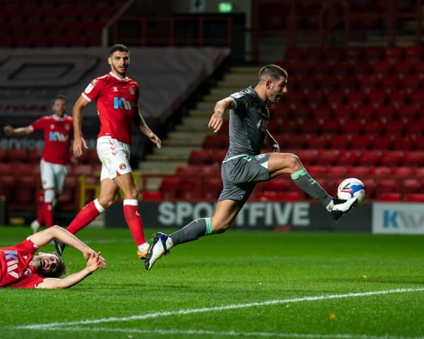 Fleetwood striker Ched Evans scores his second at Charlton