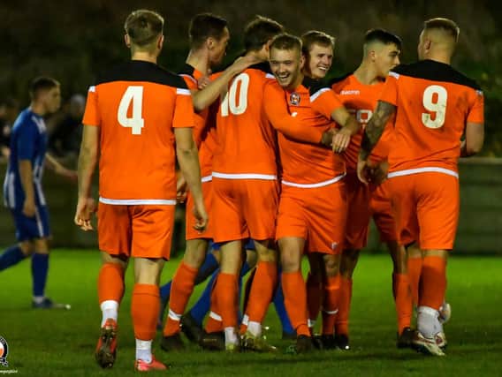 AFC Blackpool celebrate Jamie Thomas' hat-trick against Daisy Hill Picture: ADAM GEE