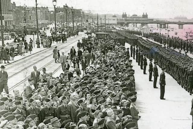 The RAF band march along Blackpool Promenade during World War Two